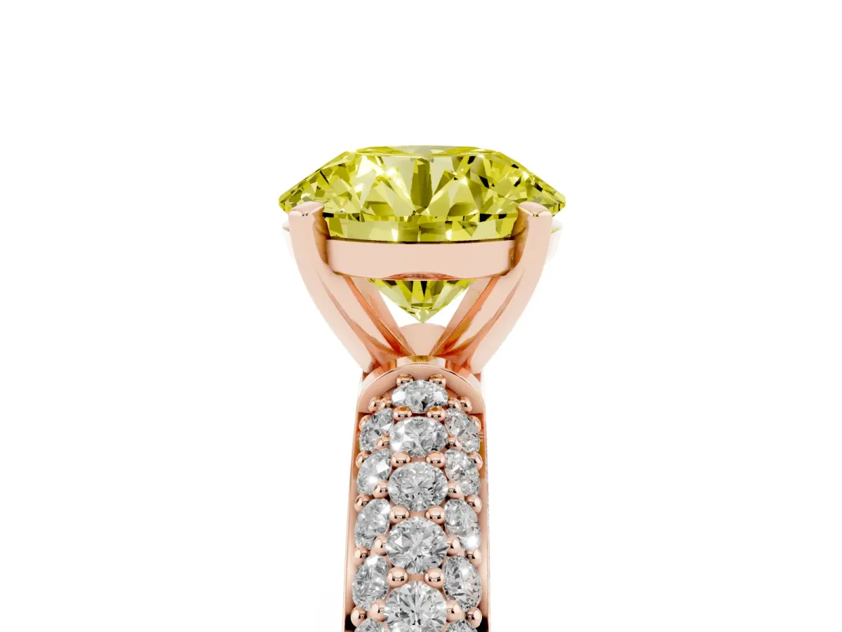Fancy Yellow Round Cut Diamond Solitaire Ring with Prong Setting and Pavé Band Rose gold