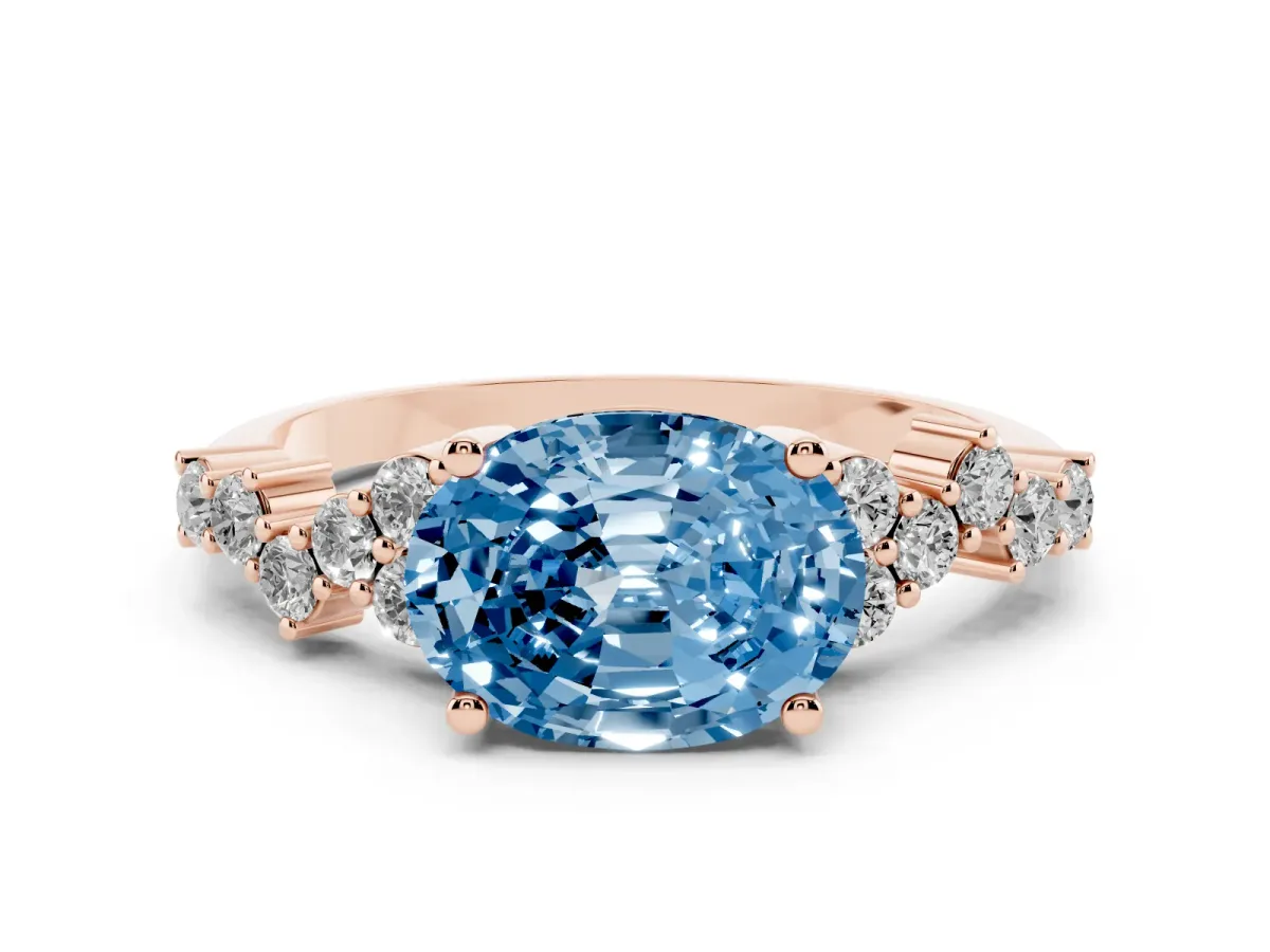 Fancy Blue Oval Cut Diamond Scattered Round Accent Ring with Prong Setting Rose gold
