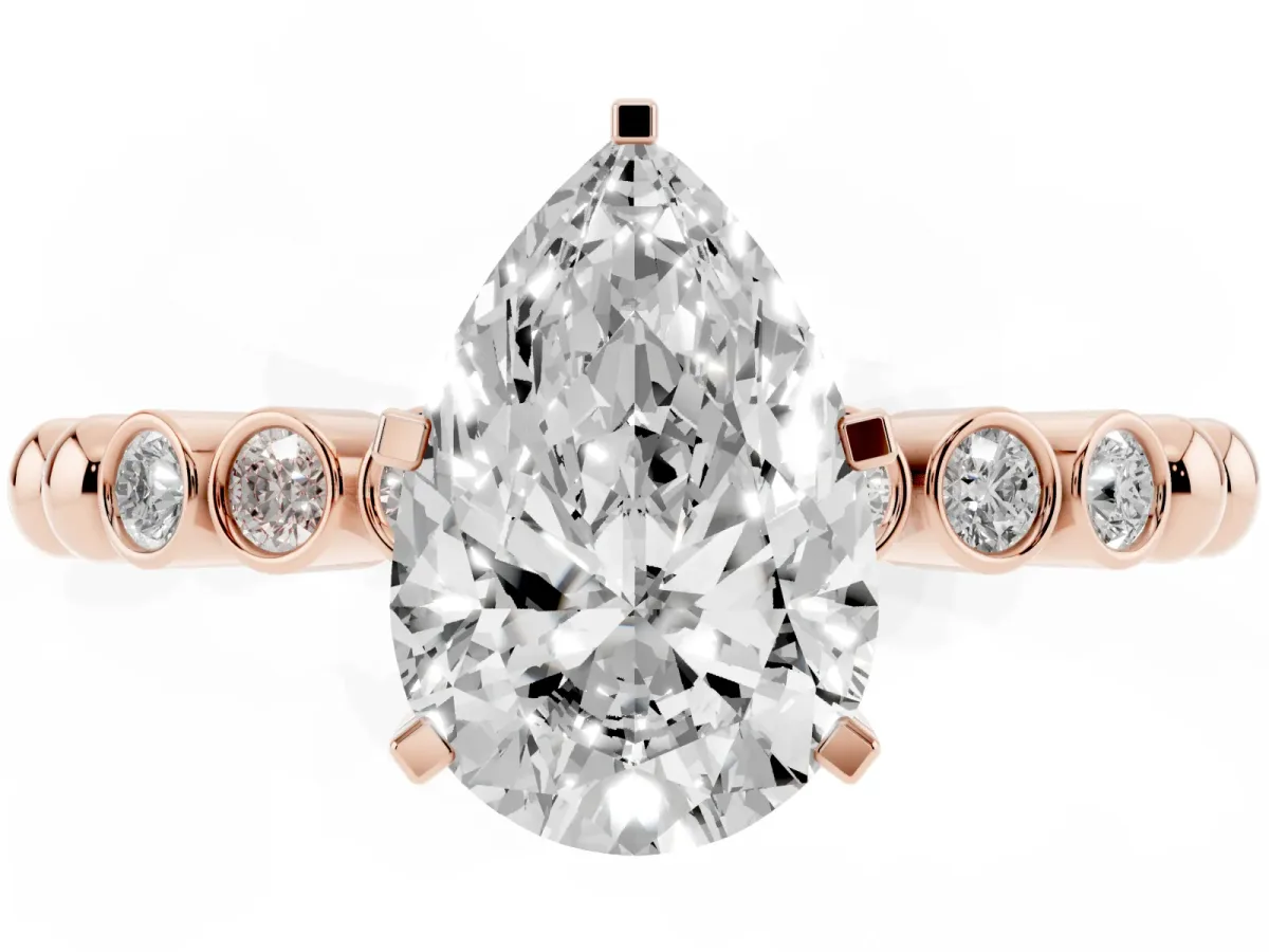 Pear Cut Solitaire Bezel Accent Diamond Engagement Ring with Beaded Band and Four-Prong Setting Rose gold