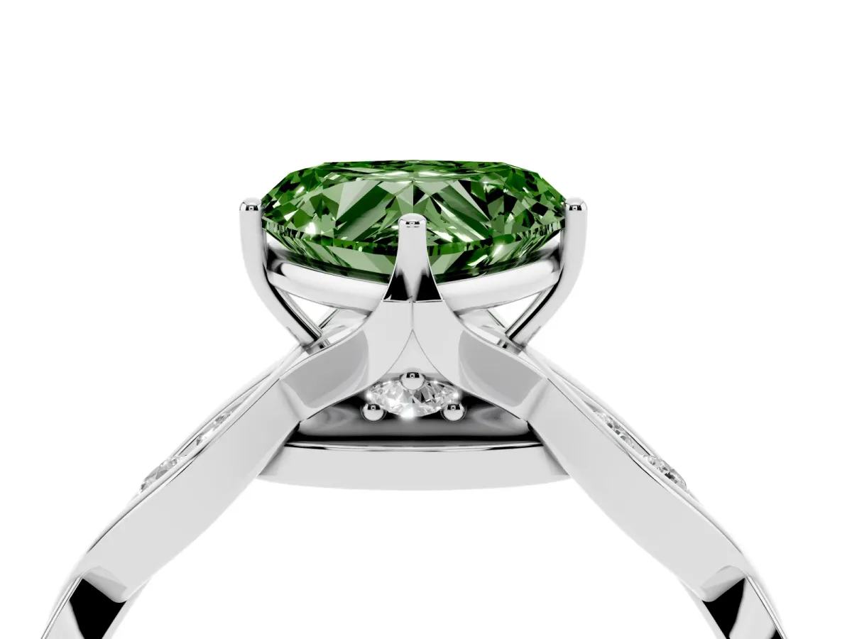 Fancy Green Heart Cut Solitaire Twist Band with Leaf Prong Setting Silver