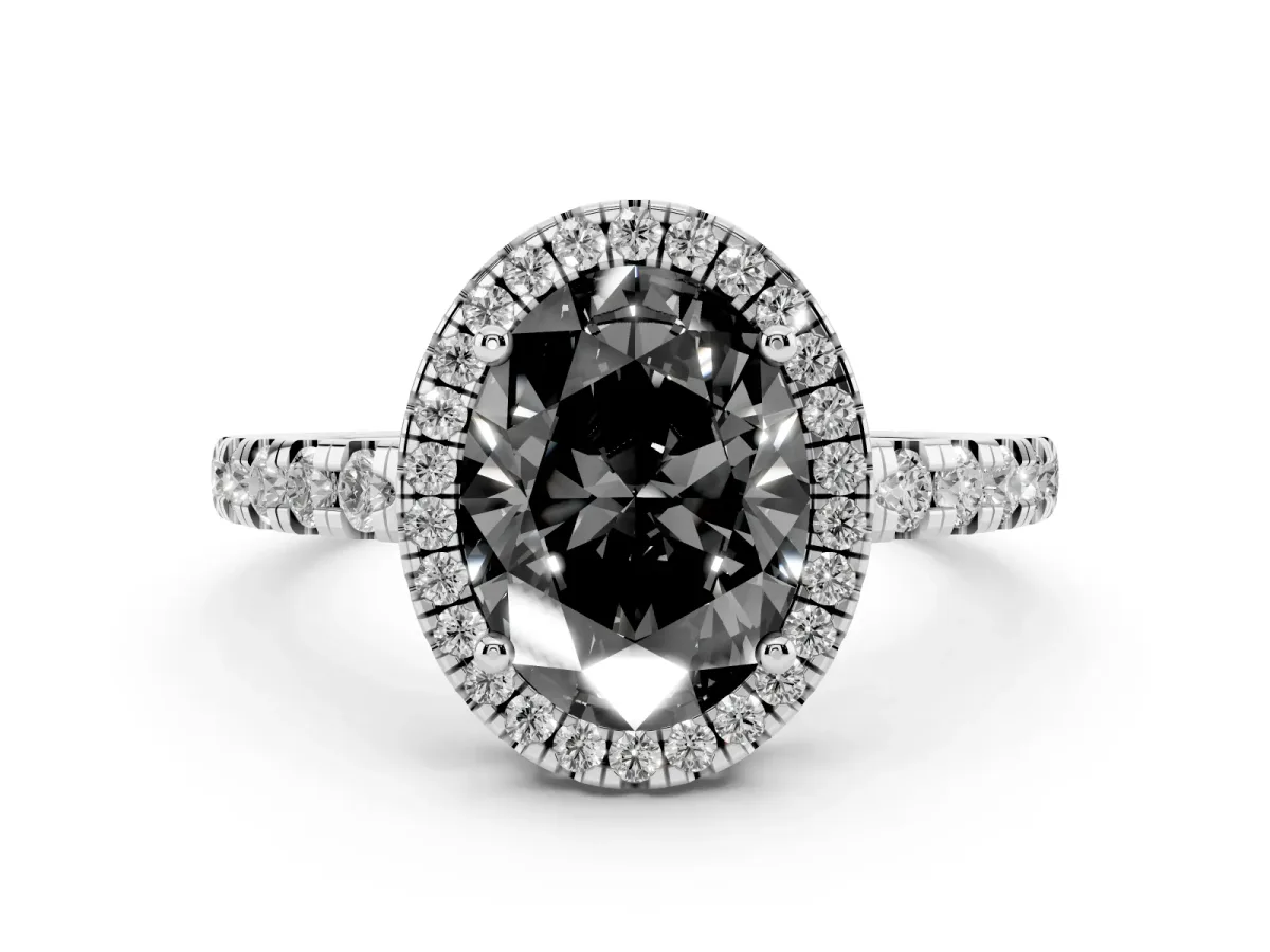 Fancy Black Oval Cut Diamond Halo Ring with Pavé Band and Four-Prong Setting Silver
