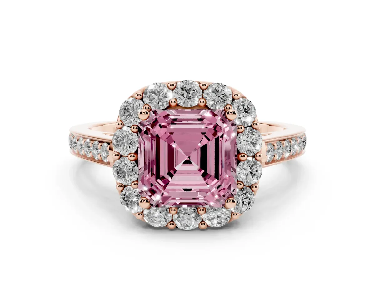 Fancy Pink Asscher Cut Diamond Floral Halo Ring with Pavé Band and Prong Setting Rose gold