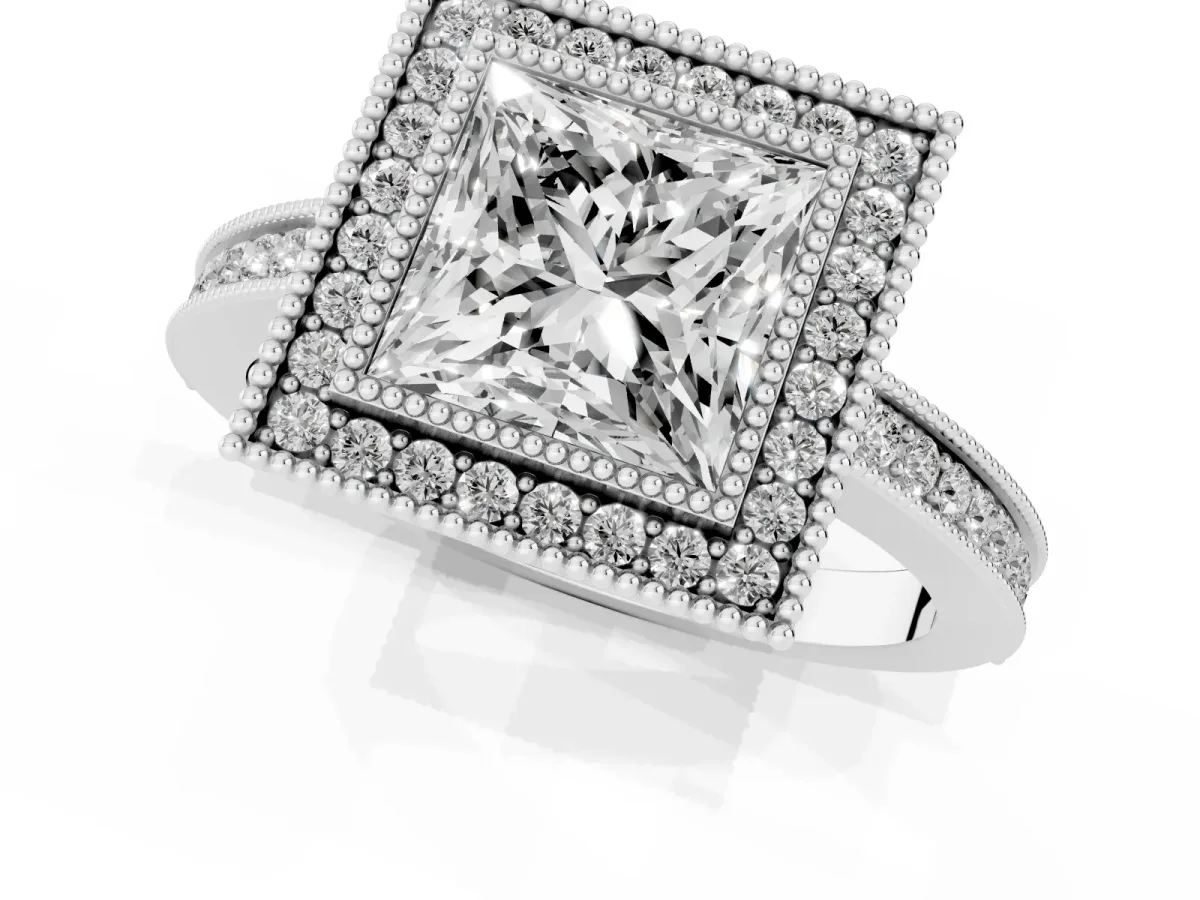 Princess Cut Cut Halo Diamond Ring with Pavé Band and Milgrain Prong Setting Silver