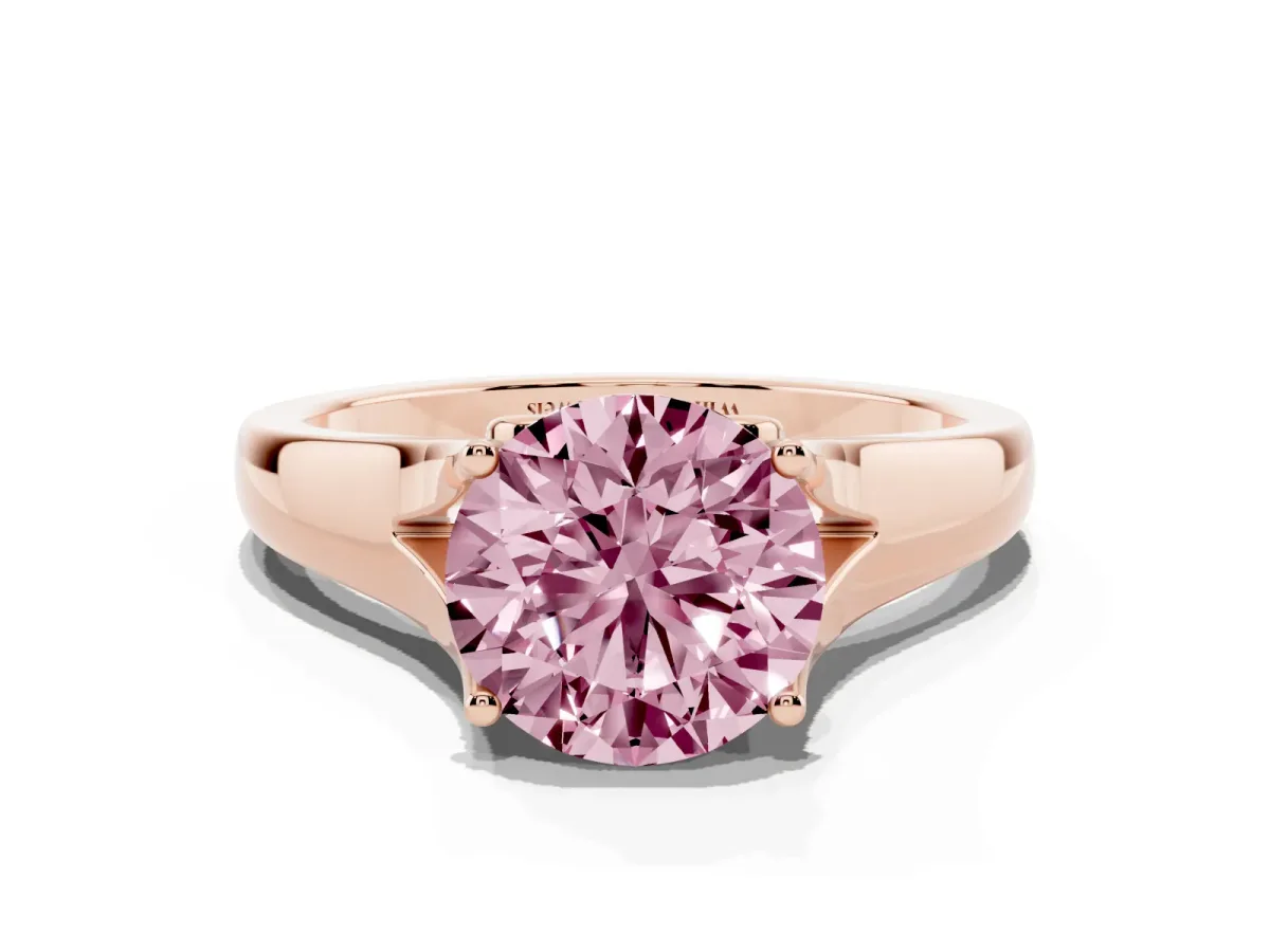 Fancy Pink Round Cut Solitaire Diamond Ring with Cathedral Band and Four-Prong Setting Rose gold