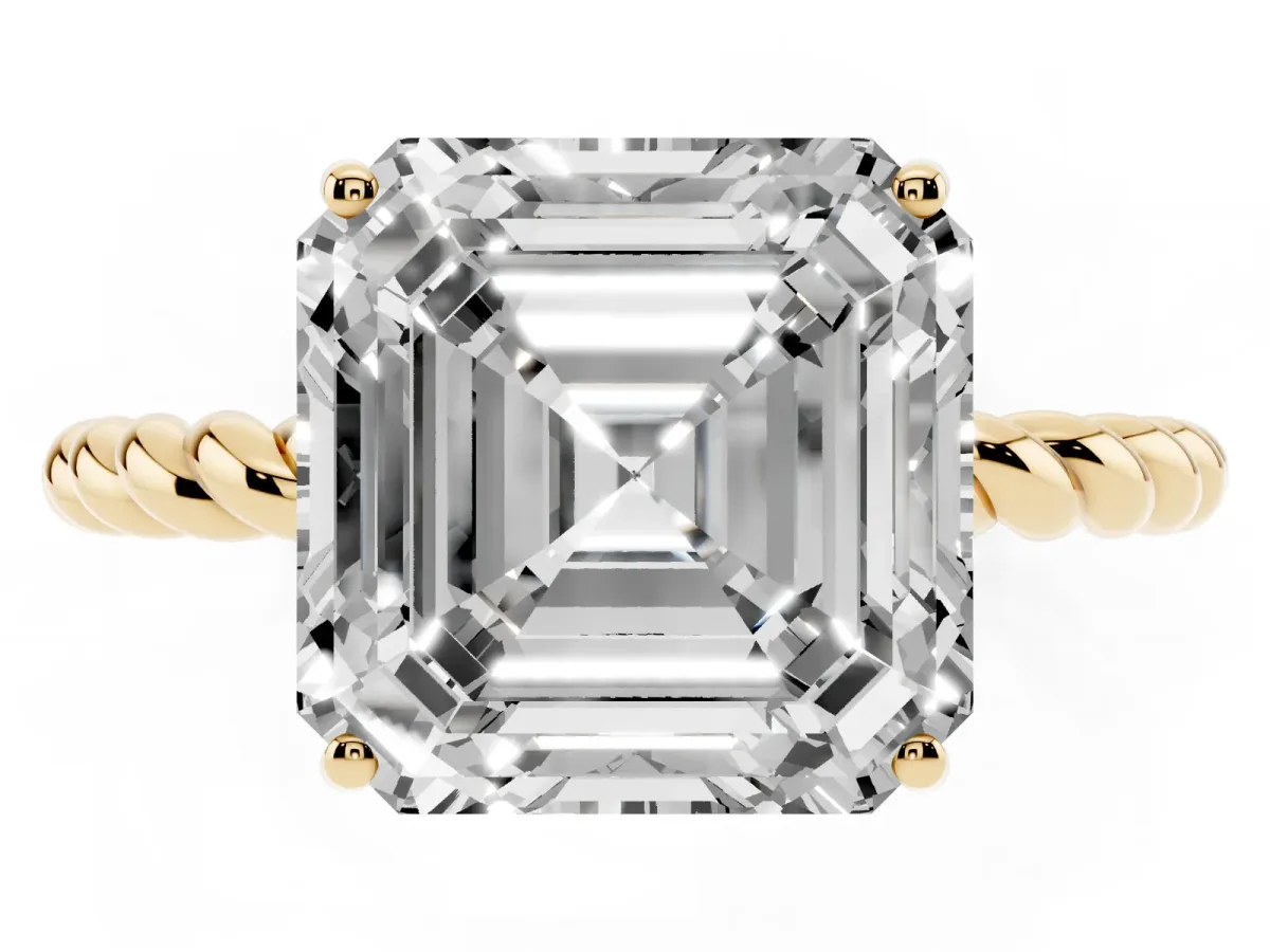 Asscher Cut Solitaire Twist Band Ring with Four-Prong Setting Yellow gold