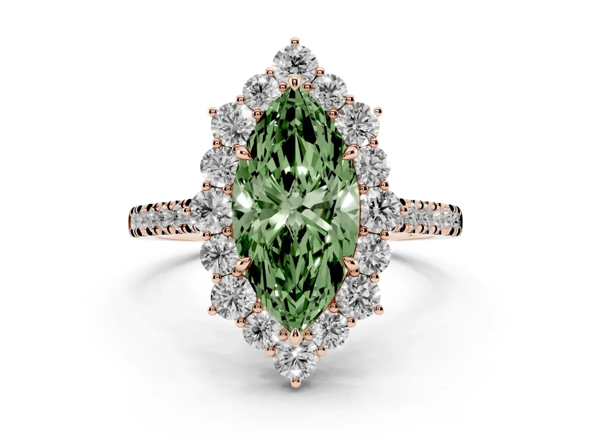 Fancy Green Marquise Cut Halo Diamond Ring with Pavé Band and Prong Setting Rose gold