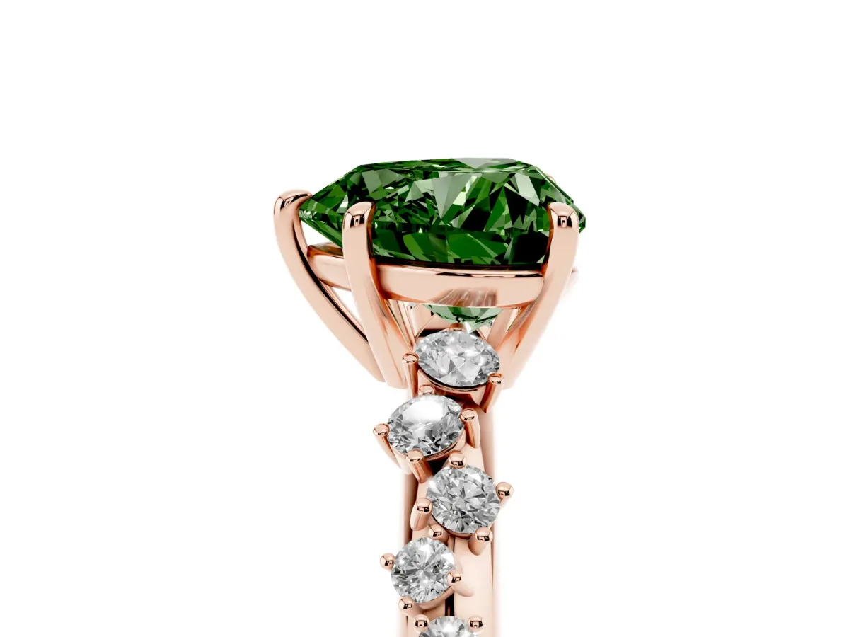 Fancy Green Heart Cut Diamond Cluster Side Stone Solitaire Ring with Prong Setting Rose gold