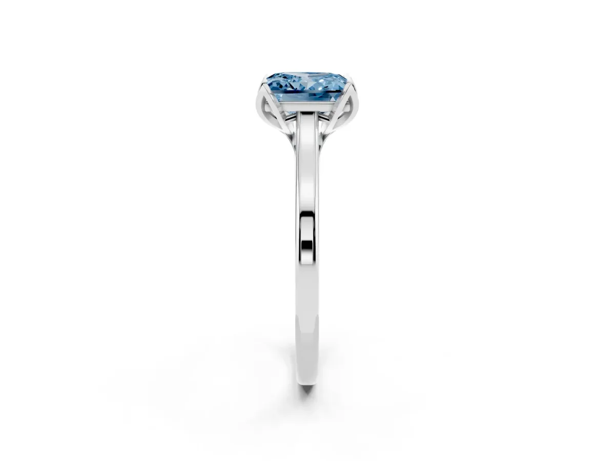 Fancy Blue Princess Cut Diamond Solitaire Ring with Flower Prong Setting and Classic Band Silver