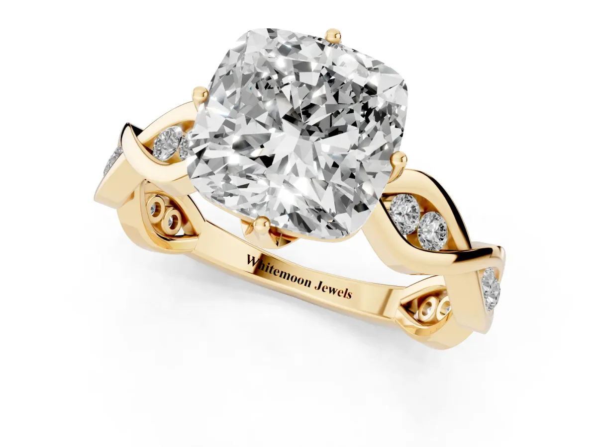 Cushion Cut Solitaire Twist Band with Leaf Prong Setting Yellow gold
