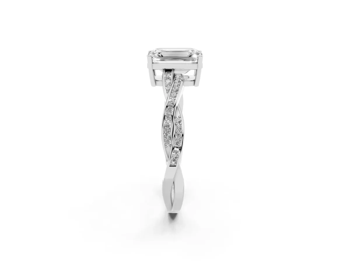 Emerald Cut Solitaire Twisted Pave Diamond Ring with Four-Prong Setting Silver