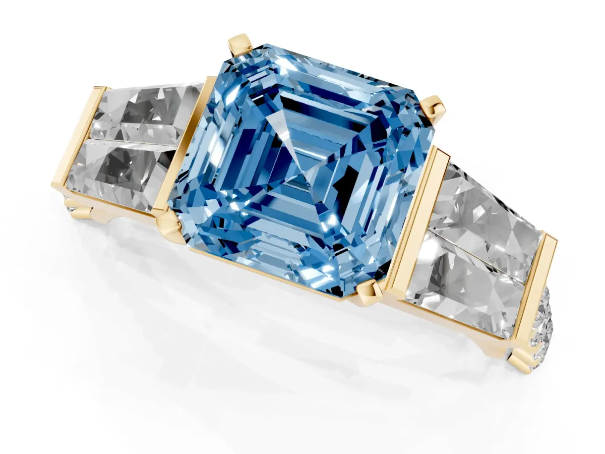 Fancy Blue Asscher Cut Diamond Engagement Ring with Baguette Side Stones and Channel Set Band Yellow gold