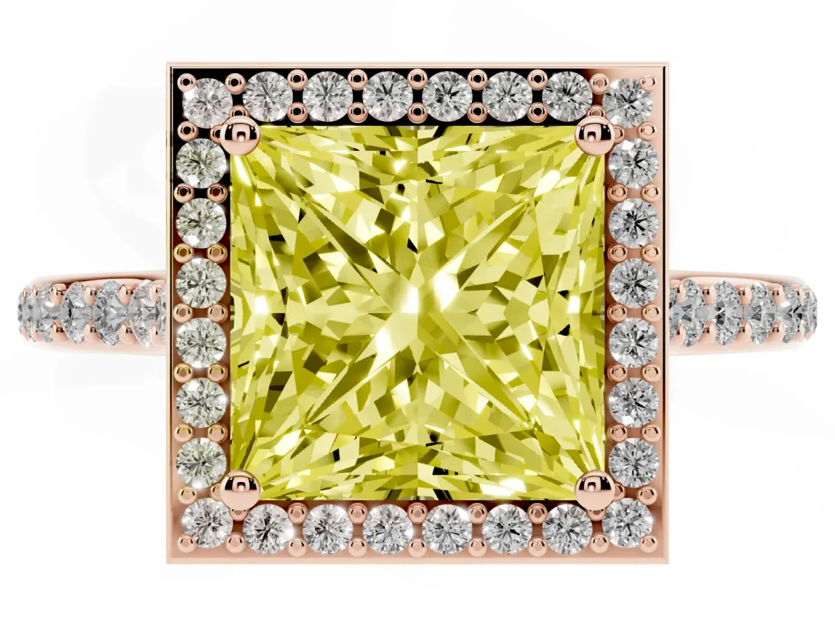 Fancy Yellow Princess Cut Diamond Halo Engagement Ring with Round Pavé Shoulders and Prong Setting Rose gold