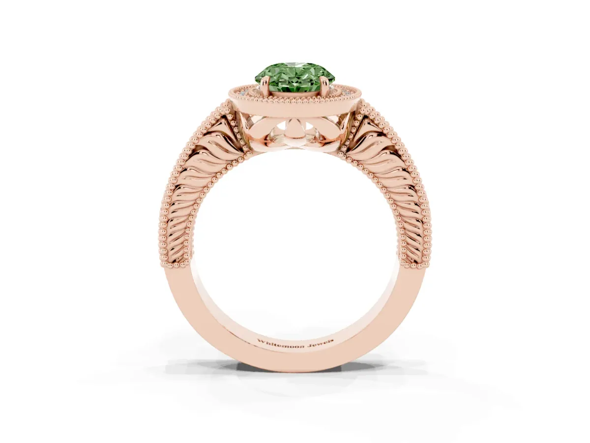 Fancy Green Oval Cut Cut Halo Diamond Ring with Pavé Band and Four-Prong Setting Rose gold
