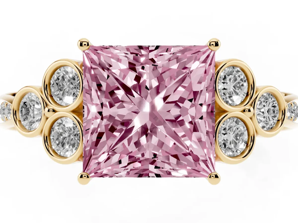 Fancy Pink Princess Cut Cut Diamond Engagement Ring with Bezel Set Round Side Stones and Prong Setting Yellow gold