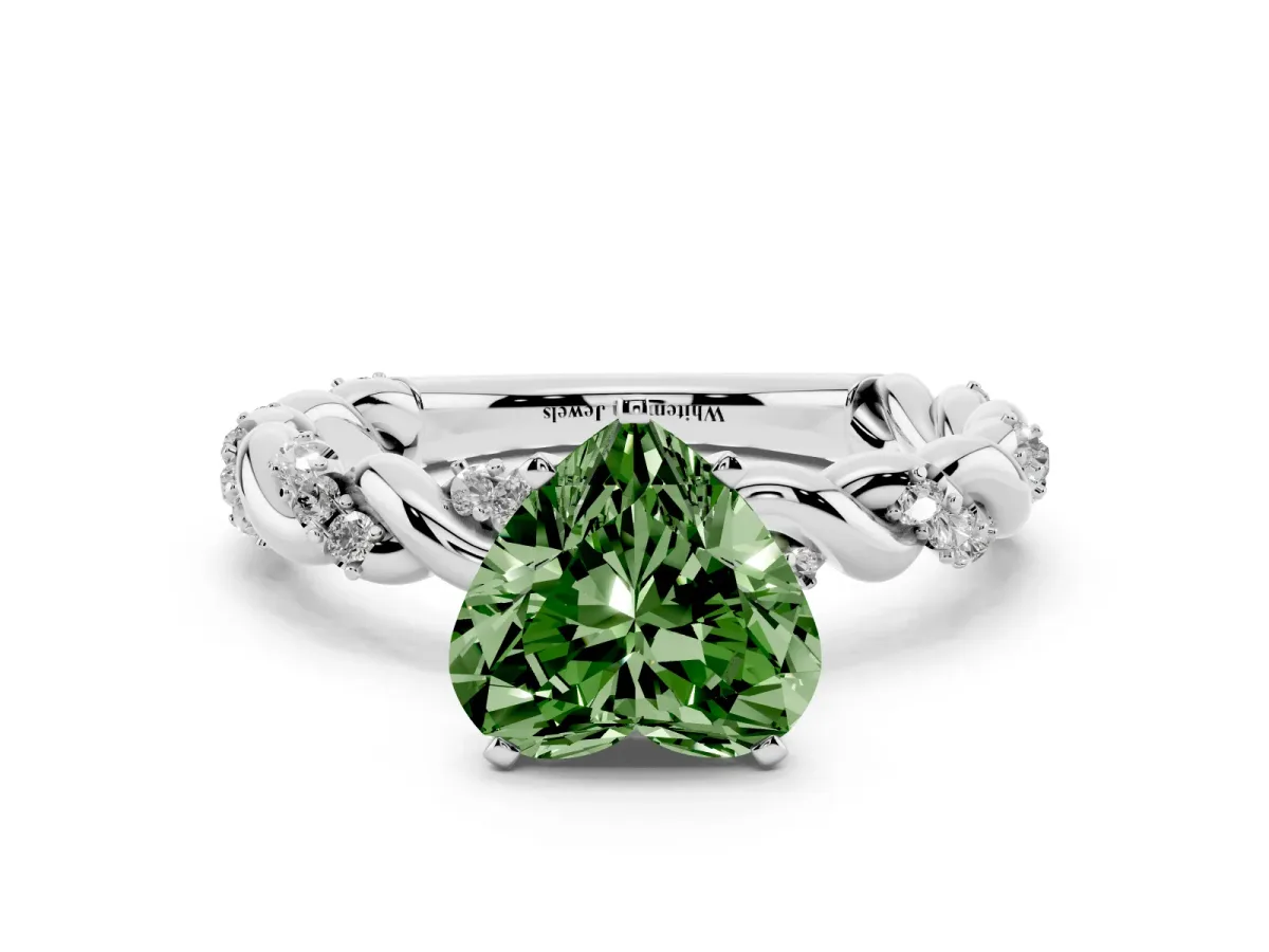 Fancy Green Heart Cut Diamond Solitaire Ring with Twisted Band and Pavé Accents Silver