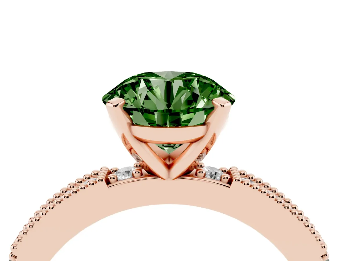 Fancy Green Round Cut Solitaire with Pavé Band and Four-Prong Setting Rose gold