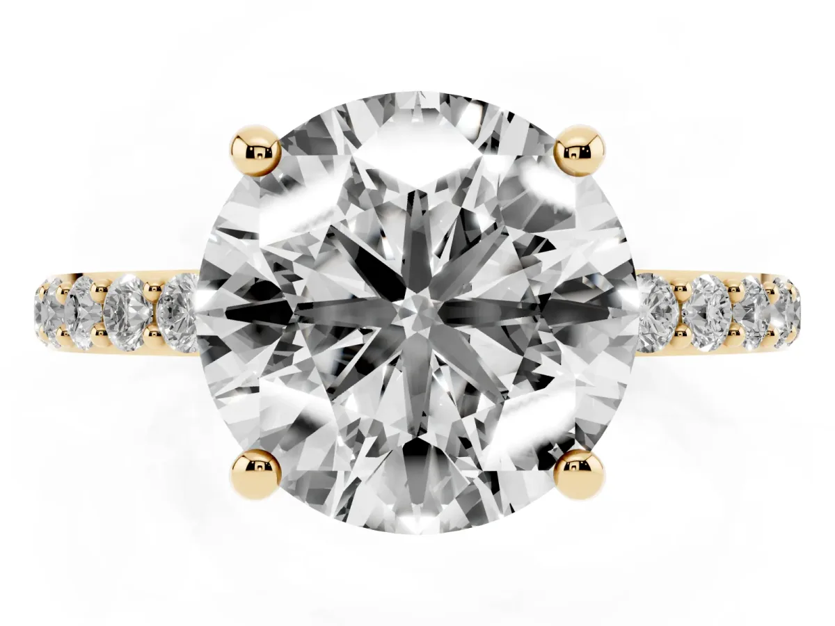 Round Cut Diamond Solitaire Ring with Round Pavé Band and Prong Setting Yellow gold