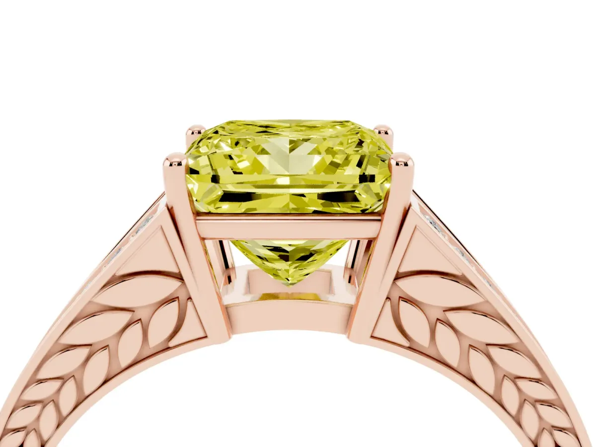 Fancy Yellow Princess Cut Diamond Split Shank Ring with Pavé Band and Four-Prong Setting Rose gold