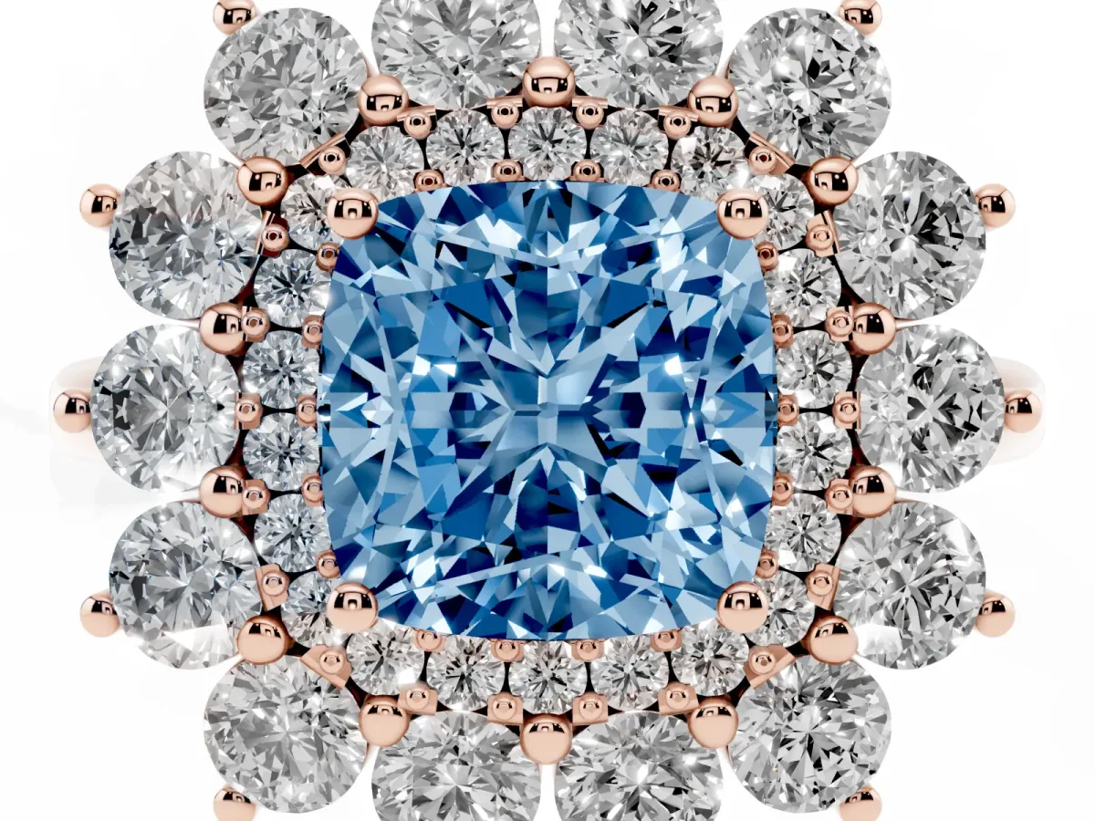Fancy Blue Cushion Cut Diamond Floral Double Halo Engagement Ring with Prong Setting Rose gold