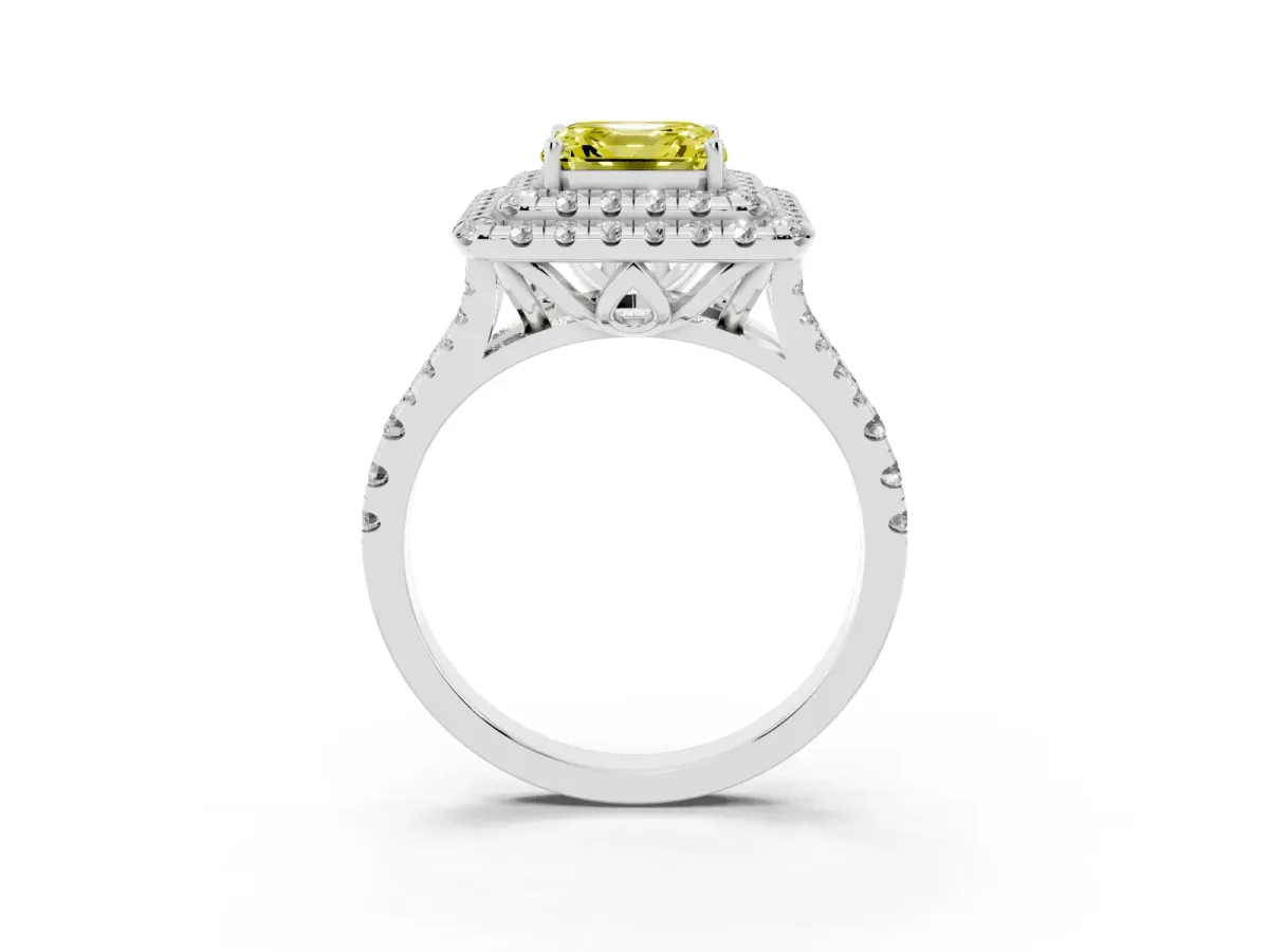 Fancy Yellow Double Halo Asscher Cut Diamond Pavé Split Shank Ring with Prong Setting Silver