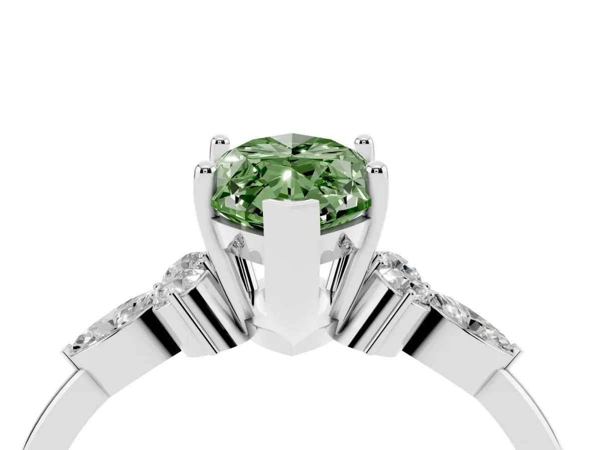 Fancy Green Marquise Cut Brilliant Diamond Solitaire Ring with Pear Side Stones and Four-Prong Setting Platinum