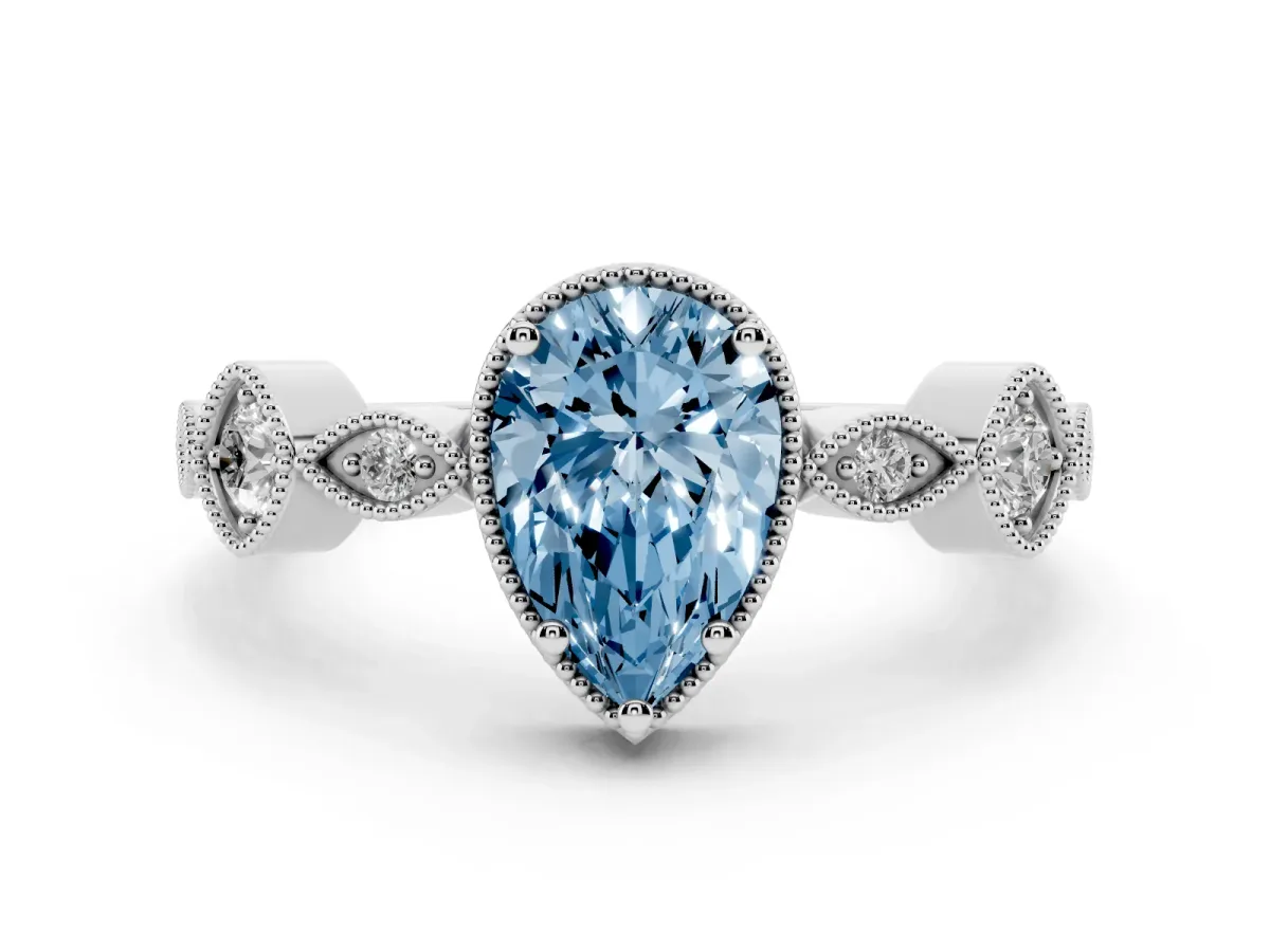 Fancy Blue Pear Cut Diamond Vintage Milgrain Ring with Round Stations White gold
