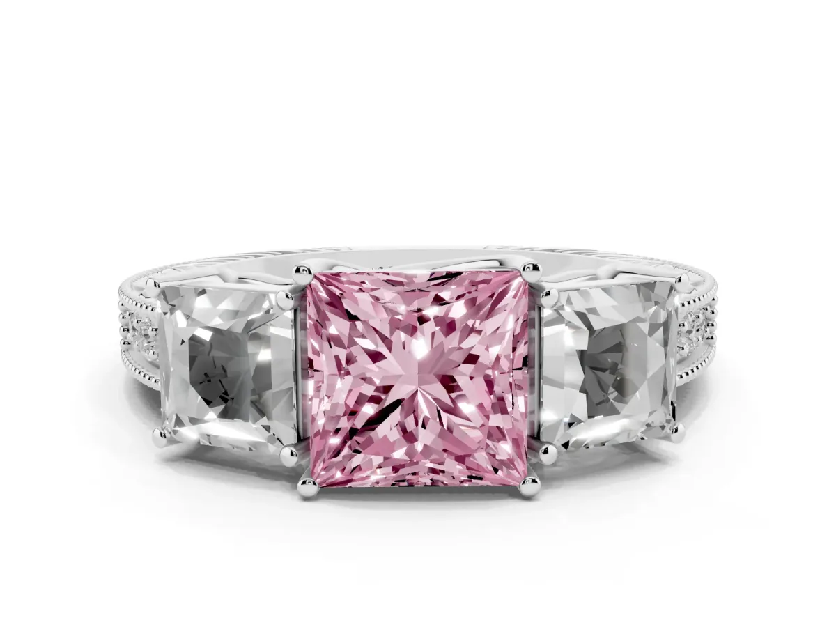 Fancy Pink Three-Stone Princess Cut Cut Milgrain Pavé Engagement Ring Platinum