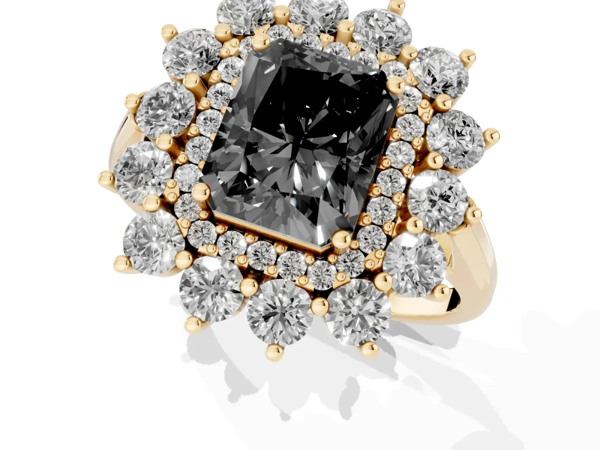 Fancy Black Radiant Cut Diamond Floral Double Halo Engagement Ring with Prong Setting Yellow gold