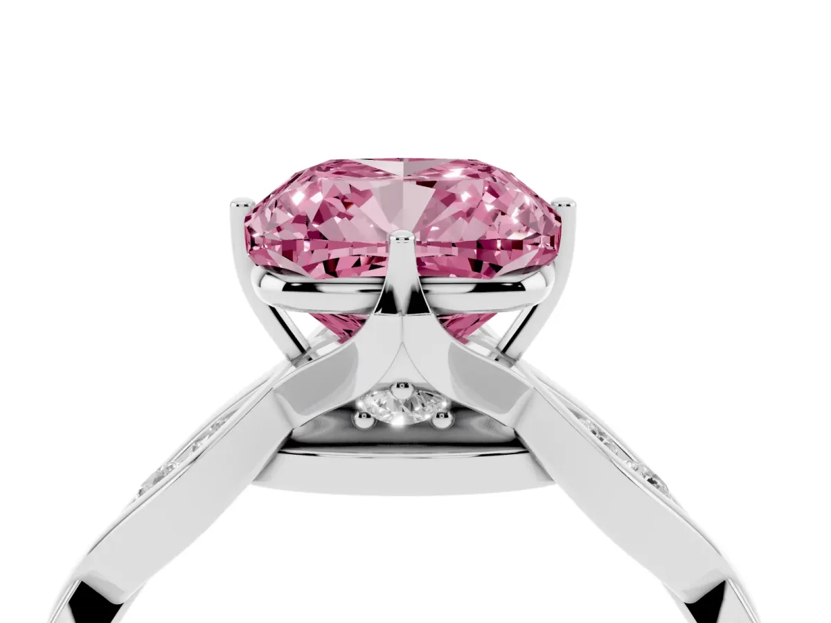 Fancy Pink Cushion Cut Solitaire Twist Band with Leaf Prong Setting Platinum