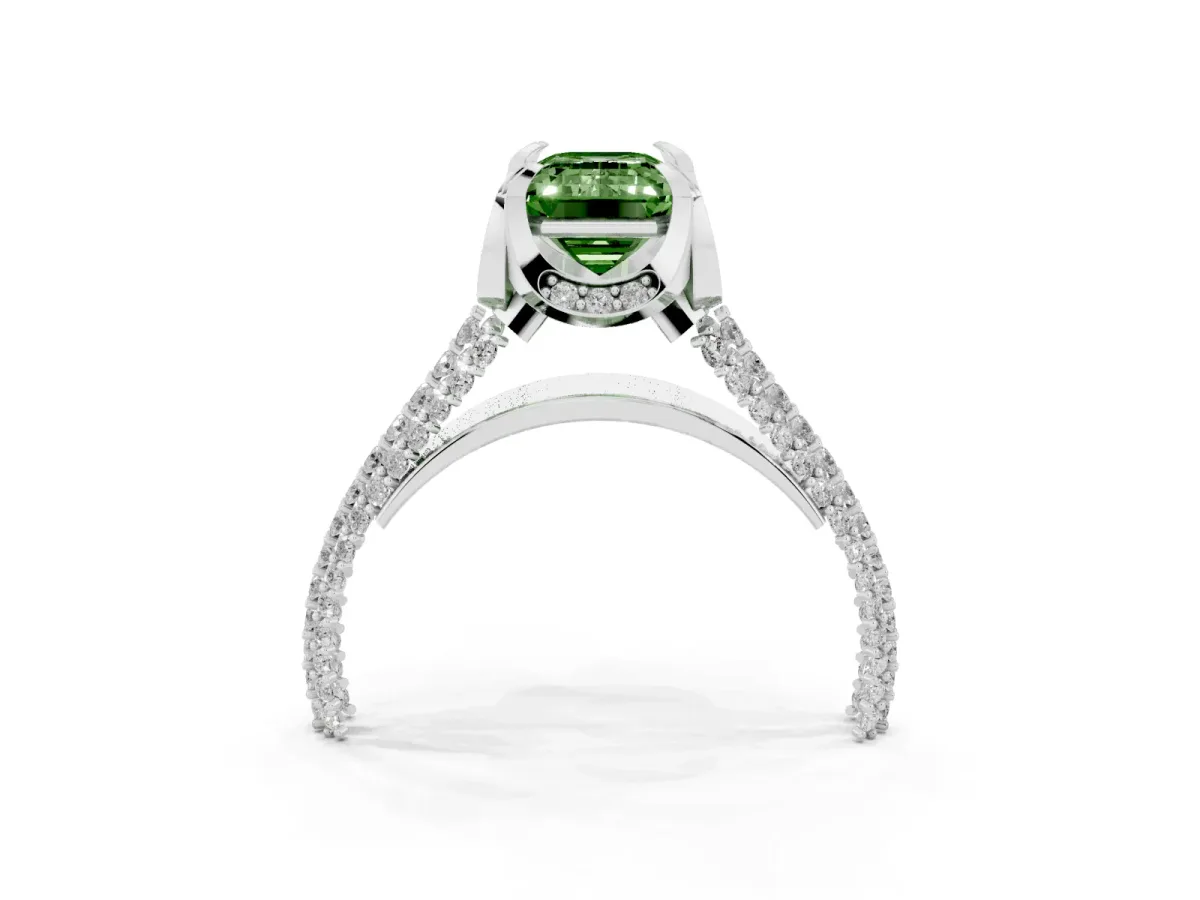 Fancy Green Emerald Cut Solitaire Pave Split Shank Ring with Four-Prong Setting Platinum