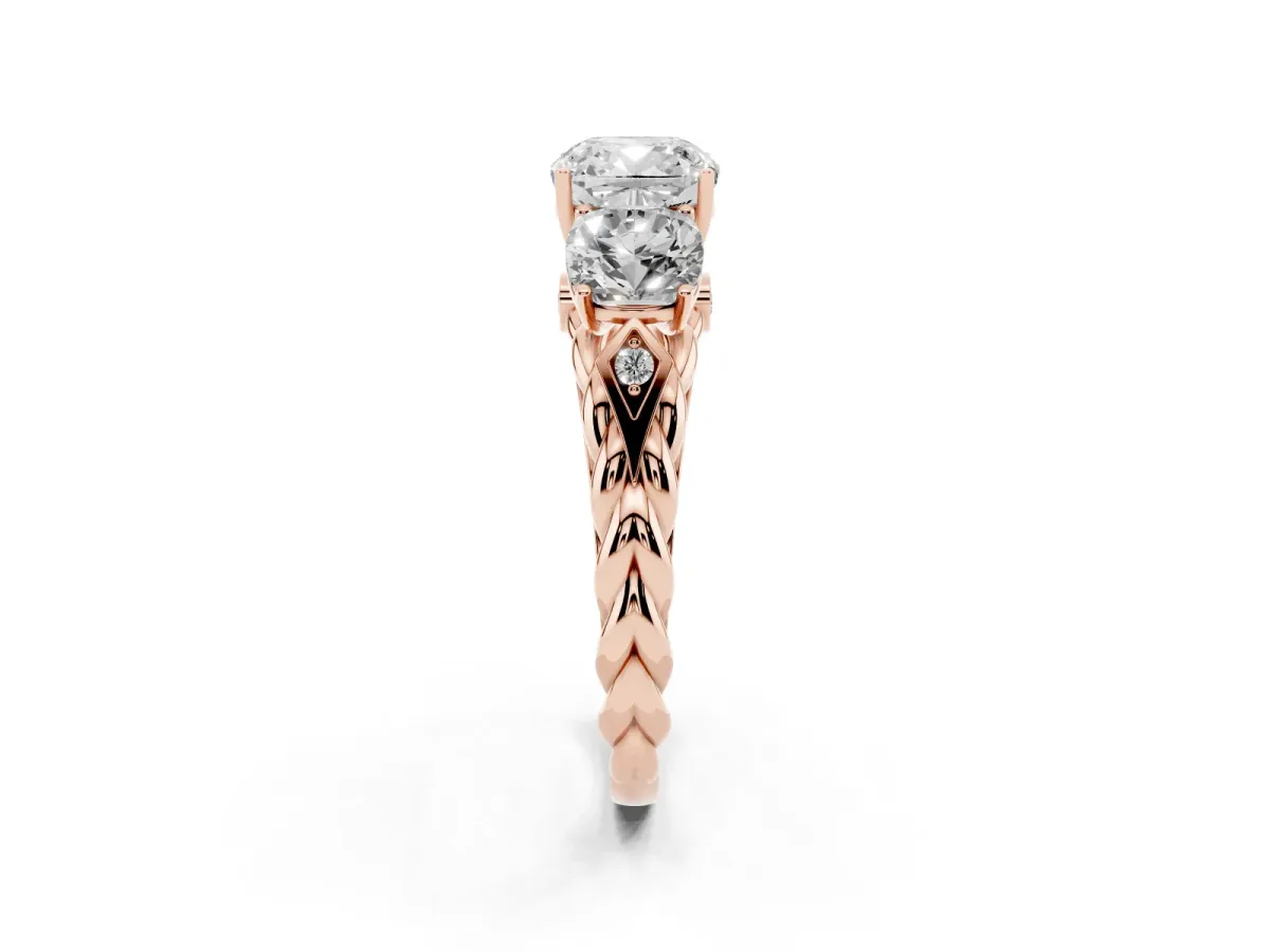 Three-Stone Cushion Cut Diamond Braided Band Ring with Four-Prong Setting Rose gold