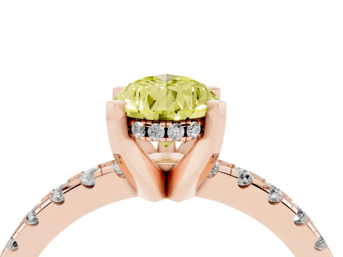 Fancy Yellow Pear Cut Diamond Solitaire Ring with Round Pavé Band and Four-Prong Setting Rose gold