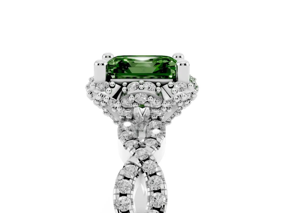 Fancy Green Asscher Cut Halo Twist Band Solitaire Ring with Six-Prong Setting Silver