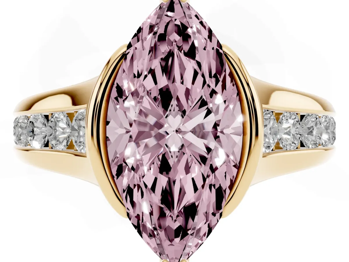 Fancy Pink Marquise Cut Solitaire Bezel-Set Diamond Ring with Channel-Set Band Yellow gold