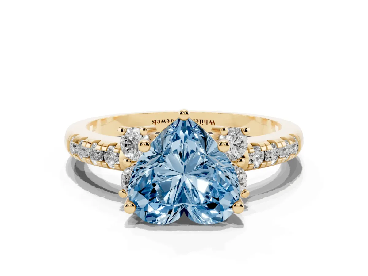 Fancy Blue Heart Cut Diamond Three-Stone Pave Band with Four-Prong Setting Yellow gold