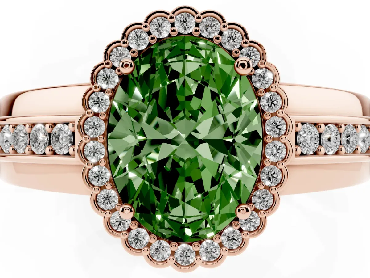Fancy Green Oval Cut Cut Halo Pave Band Four-Prong Ring Rose gold