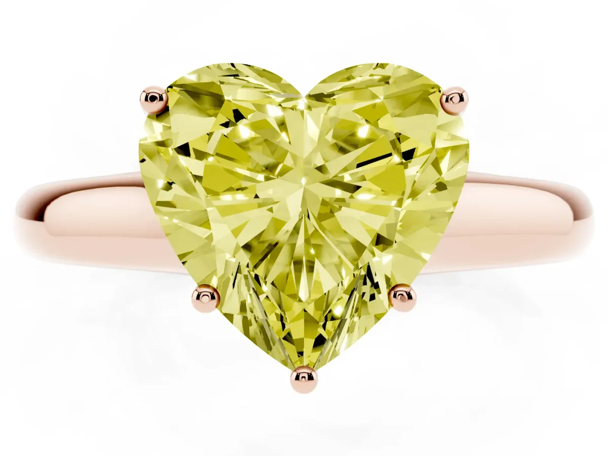 Fancy Yellow Heart Cut Cut Diamond Solitaire Engagement Ring with Tapered Plain Band and Four-Prong Setting Rose gold