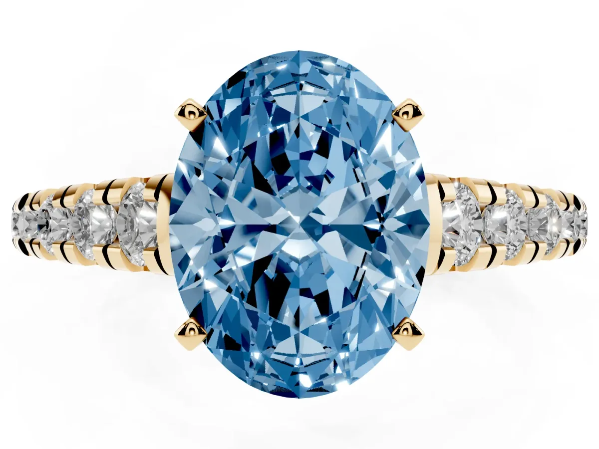 Fancy Blue Oval Cut Diamond Cathedral Solitaire Ring with Round Pavé Band Yellow gold