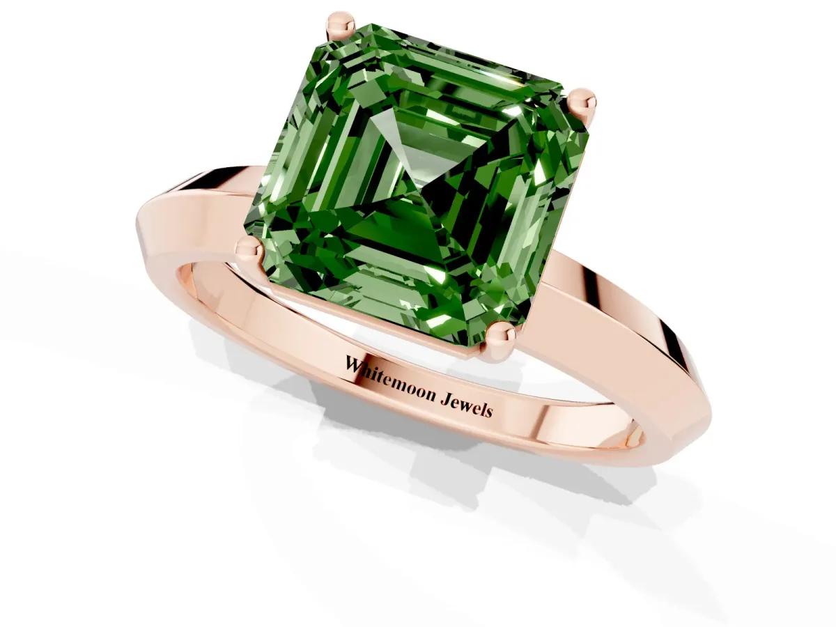 Fancy Green Asscher Cut Cut Solitaire Engagement Ring with Flat Band and Four-Prong Setting Rose gold
