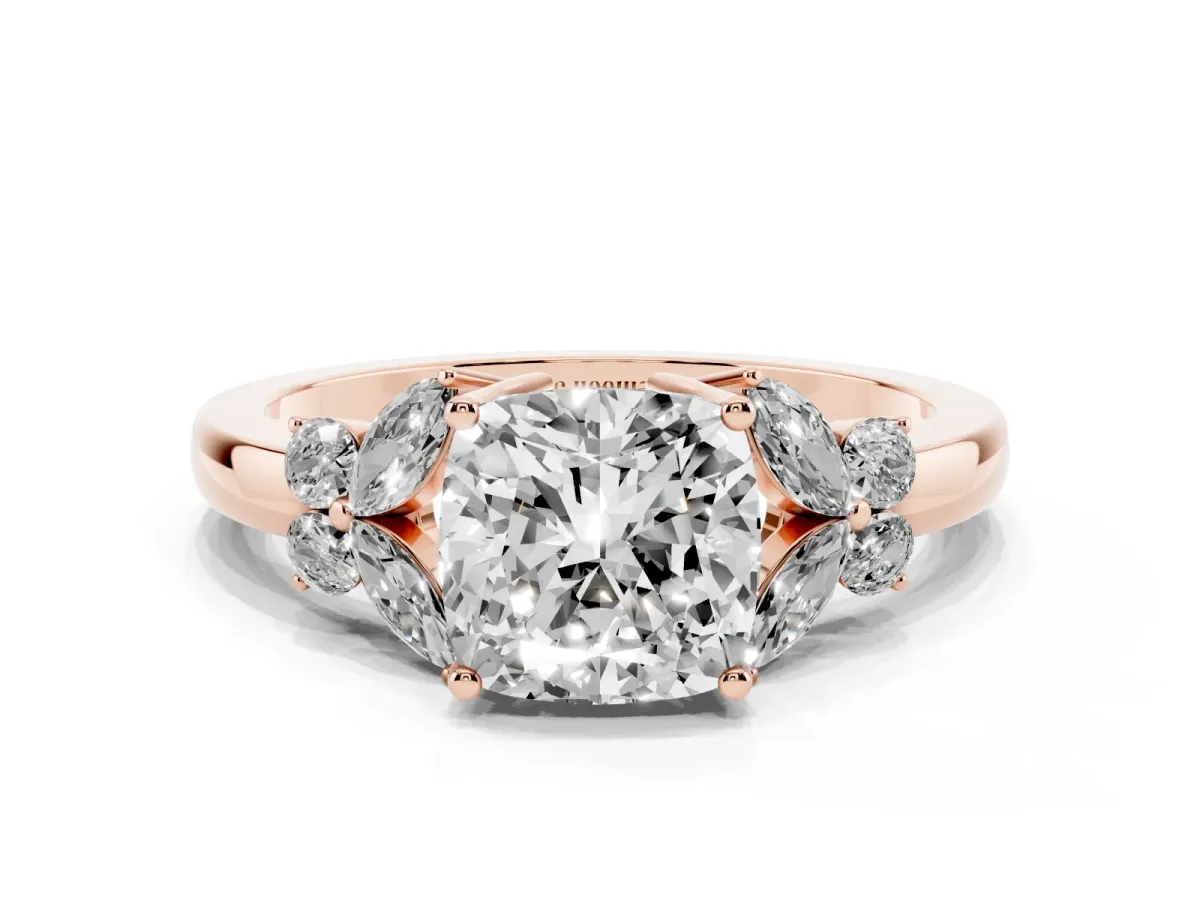 Cushion Cut Cut Solitaire Floral Diamond Ring with Four-Prong Setting Rose gold