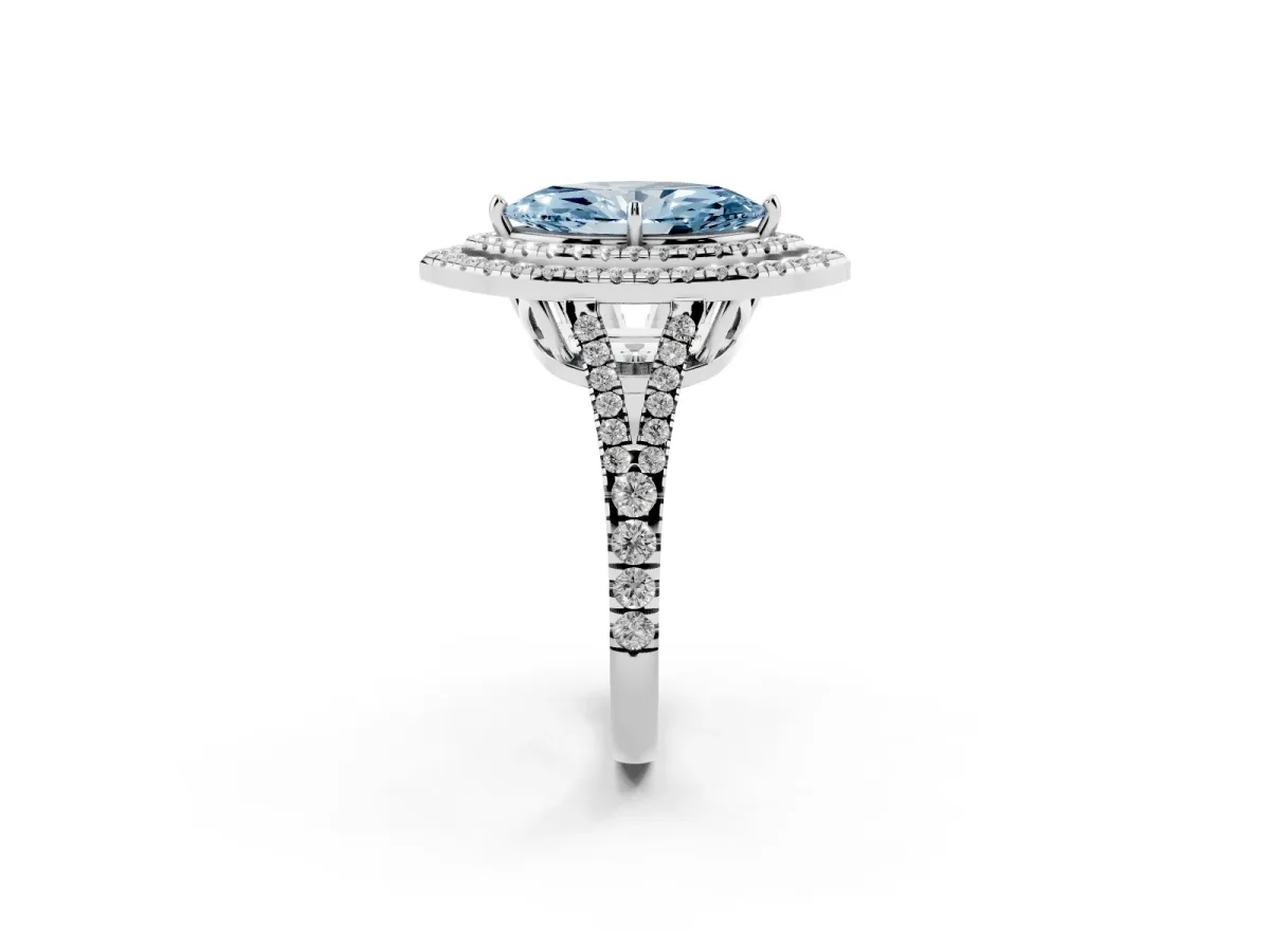Fancy Blue Marquise Cut Diamond Double Halo Ring with Pavé Band and Prong Setting Silver