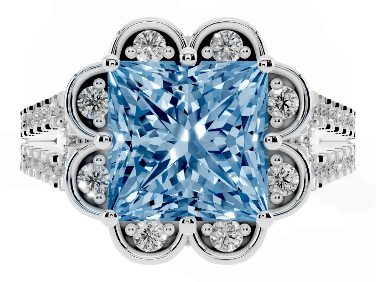 Fancy Blue Princess Cut Halo Diamond Floral Split Shank Engagement Ring Silver