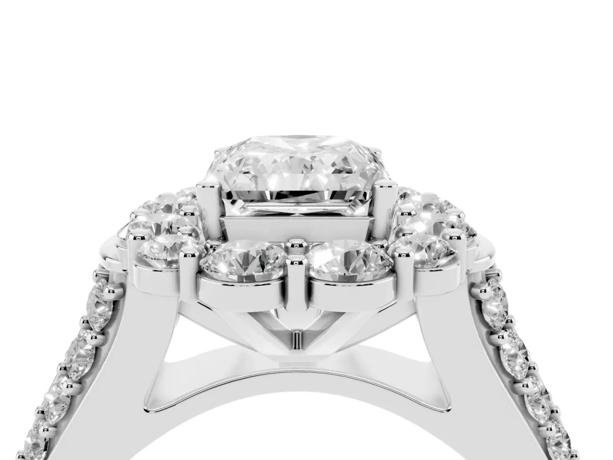 Radiant Cut Halo Diamond Engagement Ring with Split Shank and Prong Setting Silver