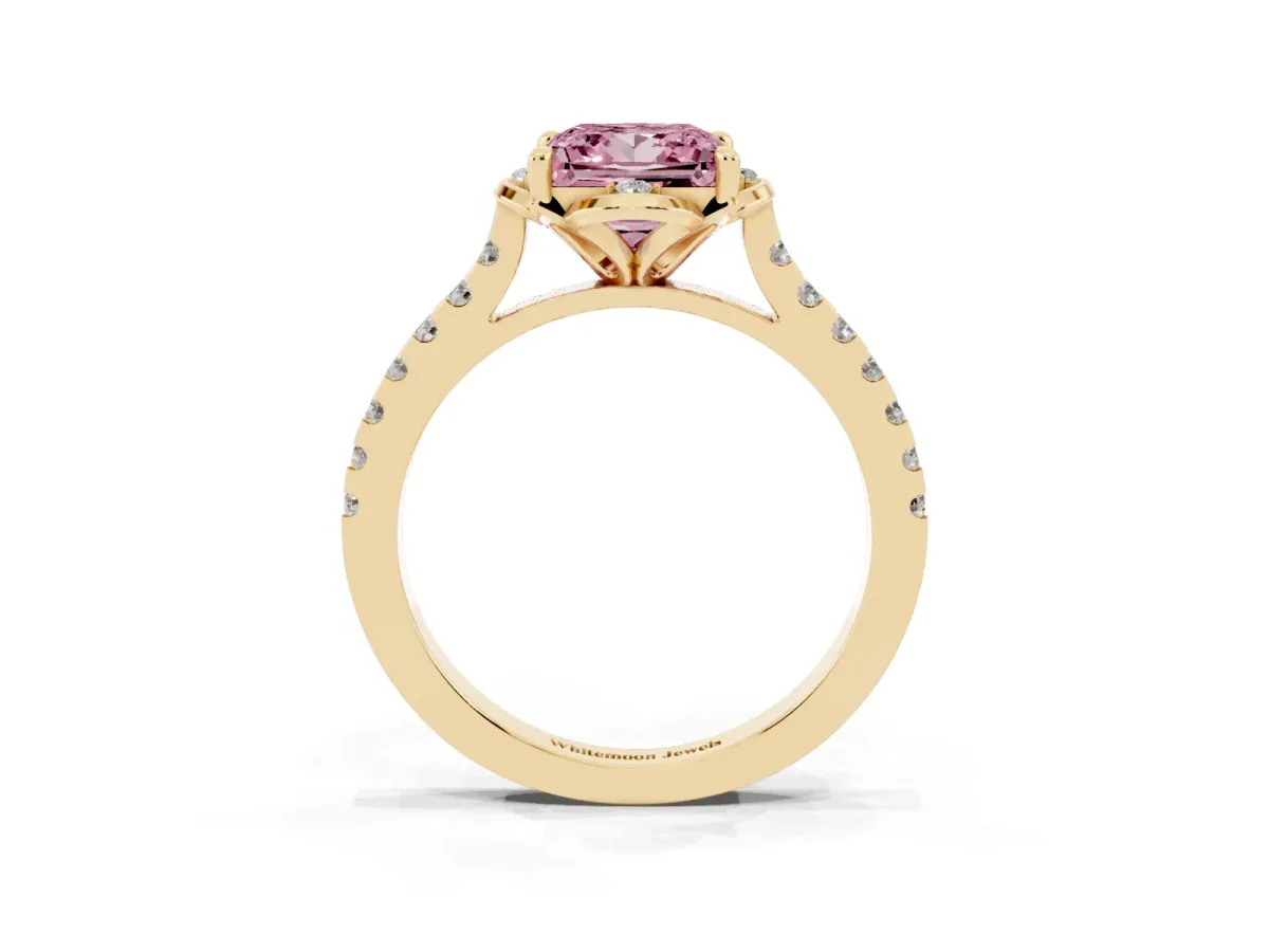 Fancy Pink Princess Cut Diamond Ring with Pavé Band and Floral Prong Setting Yellow gold