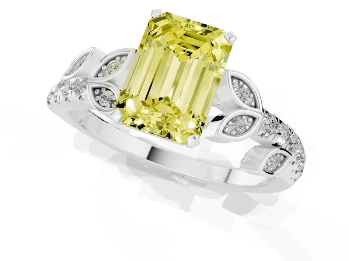 Fancy Yellow Emerald Cut Solitaire Leaf-Inspired Diamond Ring with Pavé Band and Four-Prong Setting Silver