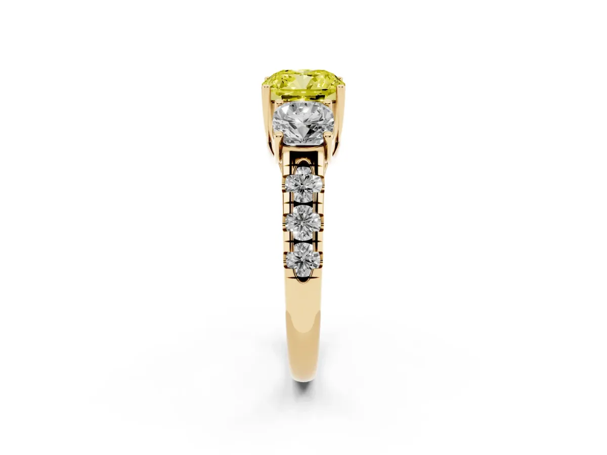 Fancy Yellow Three-Stone Cushion Cut Diamond Pavé Band with Prong Setting Yellow gold