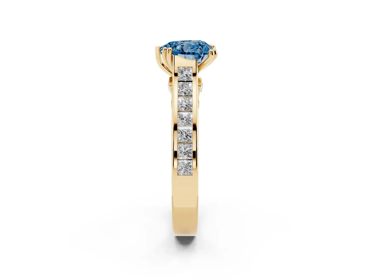Fancy Blue Heart Cut Cut Channel Set Solitaire Engagement Ring with Prong Setting Yellow gold