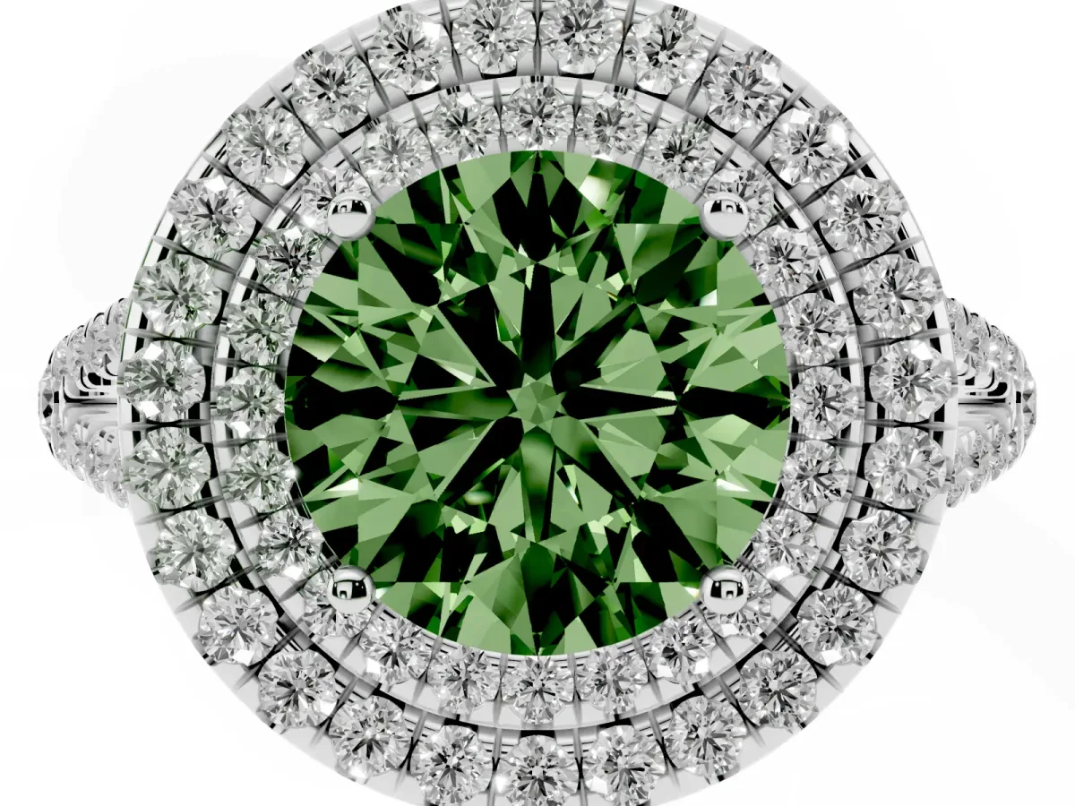 Fancy Green Round Cut Diamond Double Halo Ring with Pavé Band and Prong Setting Platinum