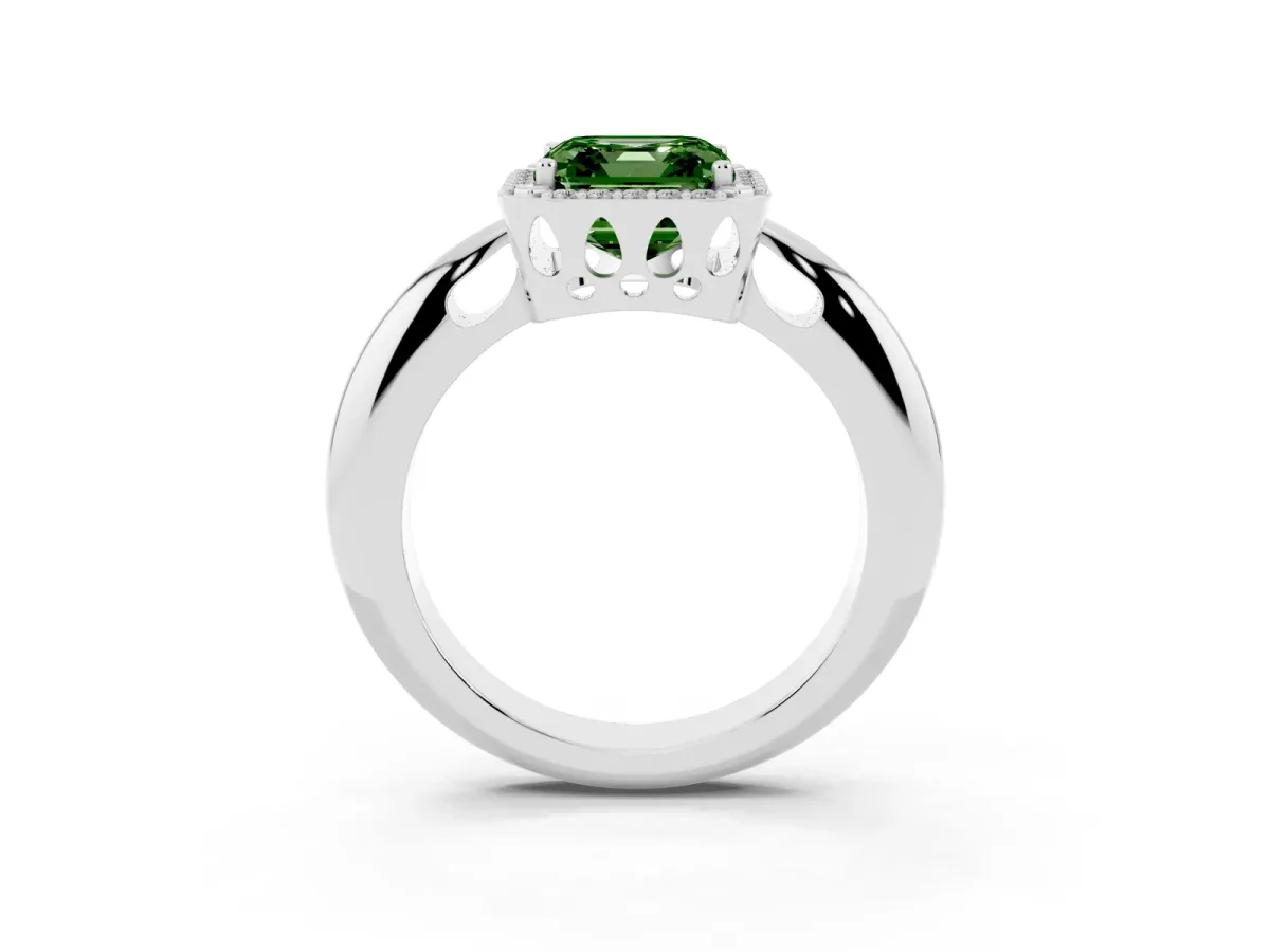 Fancy Green Asscher Cut Cut Diamond Halo Engagement Ring with Split Shank and Four-Prong Setting Silver