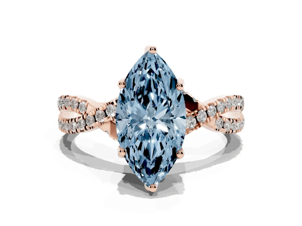 Fancy Blue Marquise Cut Solitaire Twist Pave Diamond Engagement Ring with Prong Setting Rose gold